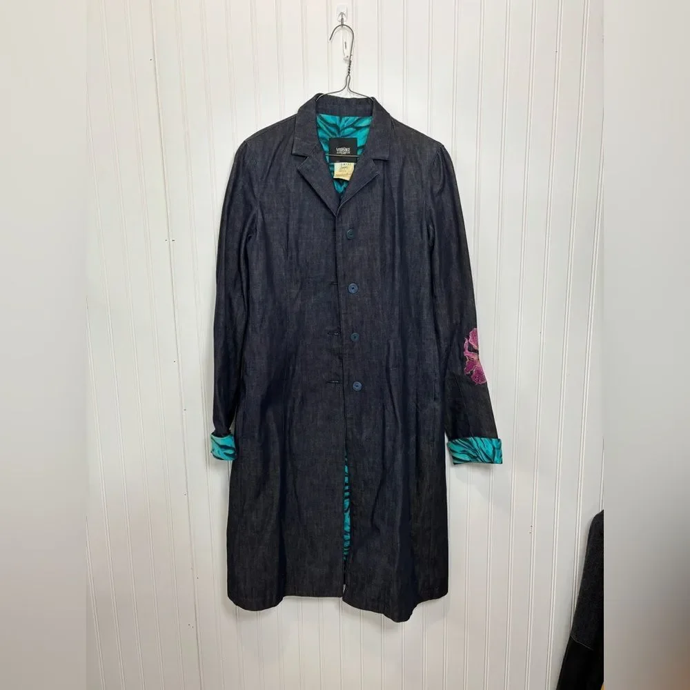 Versace Jeans Couture Y2K vintage Dark Denim trench Jacket with Teal zebraLining